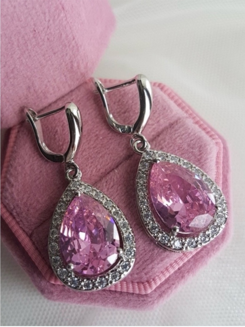 Swarovski Elements 925 Silver Large Pink Sapphire Teardrop Halo Earrings NEW